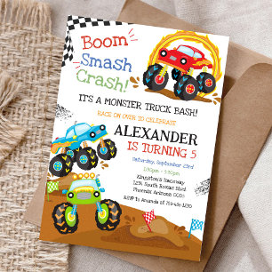 Monster Truck Bash Boom Smash Crash Jungen-Geburts Einladung