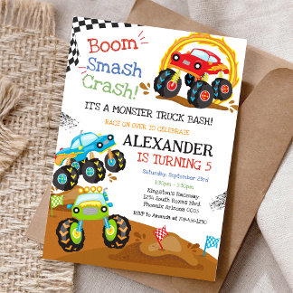 Monster Truck Bash Boom Smash Crash Jungen-Geburts Einladung