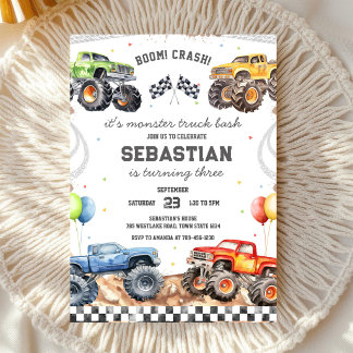 Monster Truck Bash Boom Smash Crash Jungen-Geburts Einladung