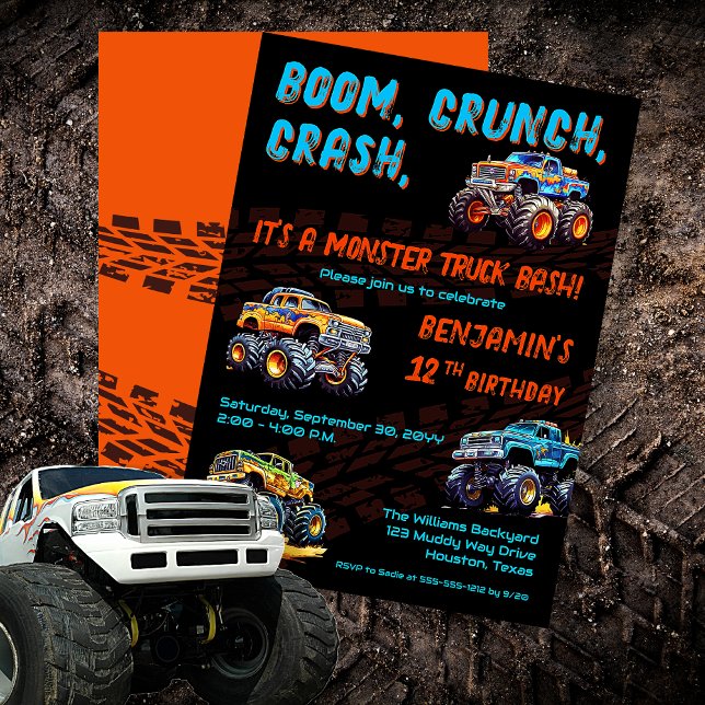 Monster Truck Bash Boy 12. Geburtstagsparty Einladung ("Boom, Crunch, Crash, It's A Monster Truck Bash" Boy's 12th Birthday Party Invitation)