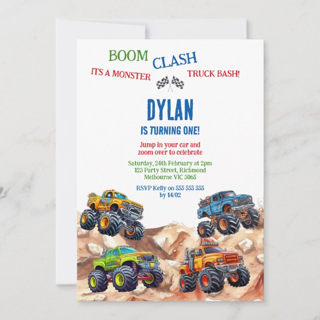 Monster Truck Bash Boy Birthday Invitation Einladung (Vorderseite)
