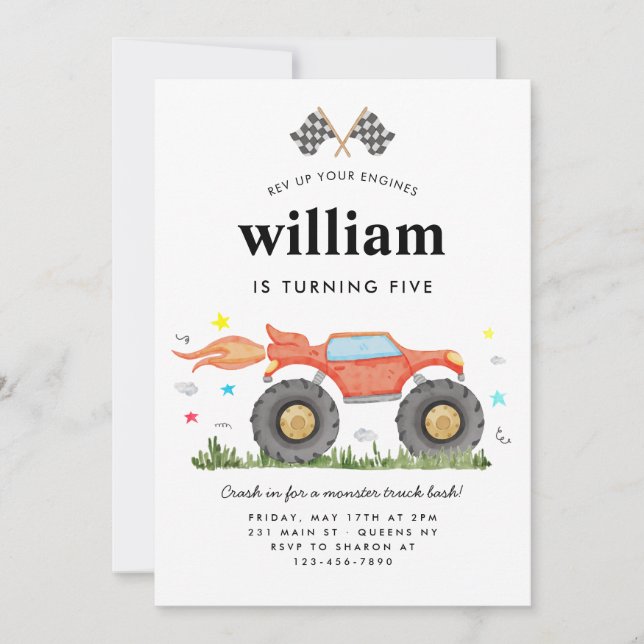 Monster Truck Bash Car Race Flags Kindergeburtstag Einladung (Vorderseite)