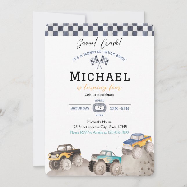 Monster Truck Bash - Explosions-Crash Einladung (Vorderseite)