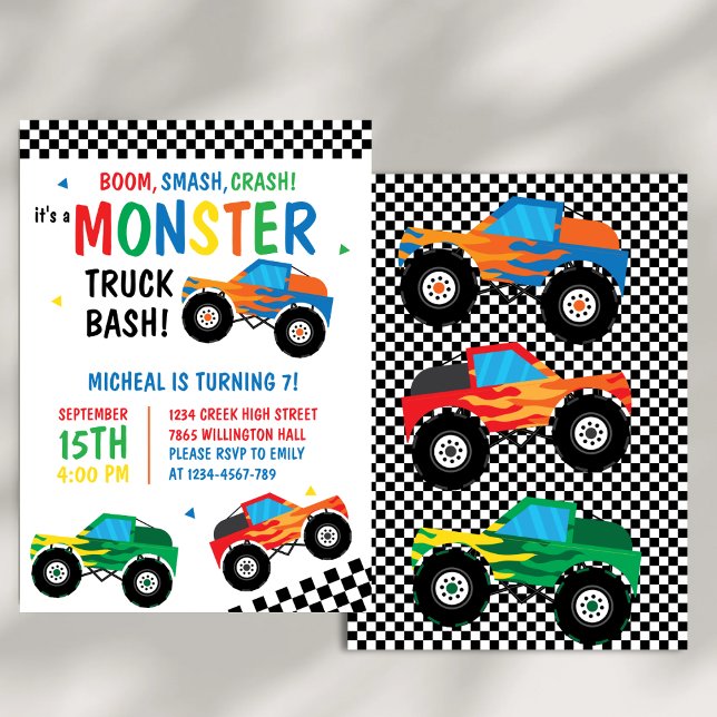 Monster Truck Bash farbenfrohe Groovy Kinder Gebur Einladung (Von Creator hochgeladen)