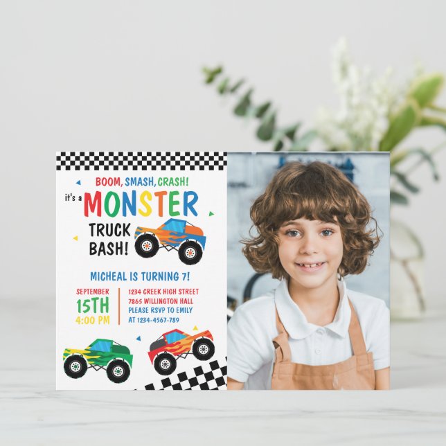 Monster Truck Bash farbenfrohe Groovy Kinder Gebur Einladung (Stehend Vorderseite)