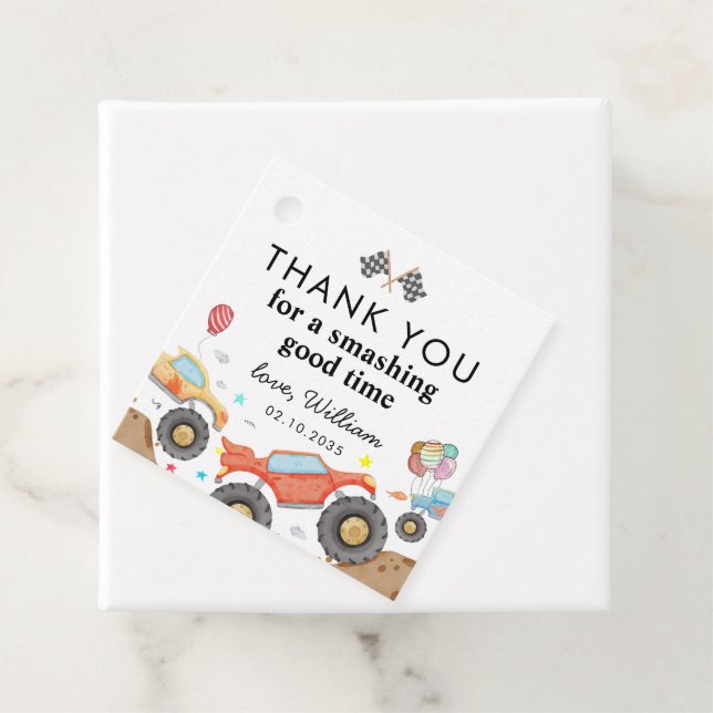 Monster Truck Bash Race Watercolor Kindergeburtsta Geschenkanhänger (Beispiel)
