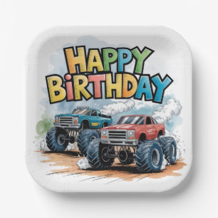 Monster Truck Birthday Bash Wasserfarbe Kunst Pappteller