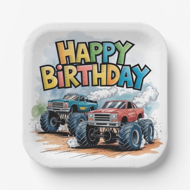 Monster Truck Birthday Bash Wasserfarbe Kunst Pappteller (Vorderseite)