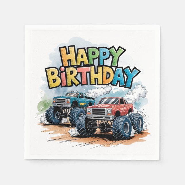 Monster Truck Birthday Bash Wasserfarbe Kunst Serviette (Vorderseite)
