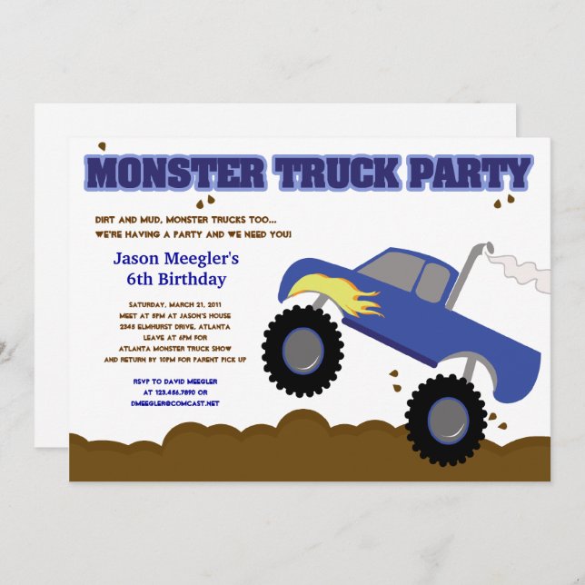 Monster Truck Birthday Blue Truck mit Flames Einladung (Vorne/Hinten)