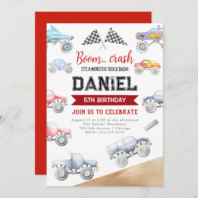 Monster Truck Birthday Einladung LKW jedes Alter (Vorne/Hinten)