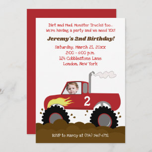 Monster Truck Birthday Einladung Rot mit Foto