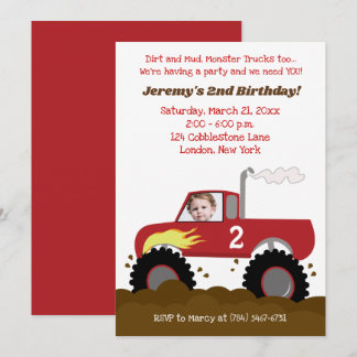Monster Truck Birthday Einladung Rot mit Foto