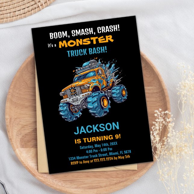 Monster Truck Birthday Einladungen Blau Schwarz (Monster Truck Birthday Invitations Blue Black)