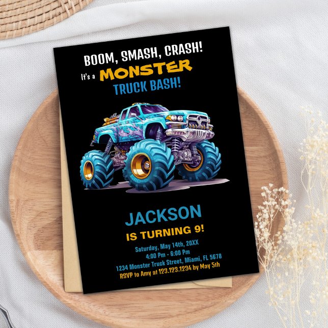 Monster Truck Birthday Einladungen Blau Schwarz (Monster Truck Birthday Invitations Blue Black)