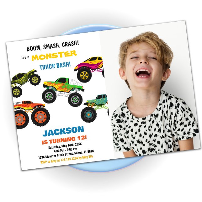 Monster Truck Birthday Einladungen Farben mit Foto (Monster Truck Birthday Invitations Colours w Photo)