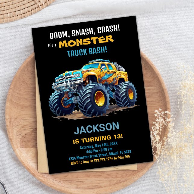 Monster Truck Birthday Einladungen Gelb Schwarz (Monster Truck Birthday Invitations Yellow Black)