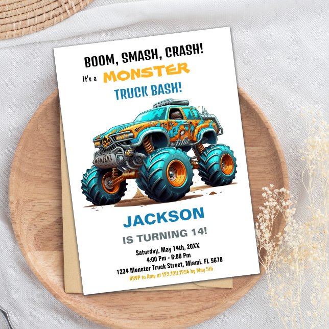 Monster Truck Birthday Einladungen Grün Blau (Monster Truck Birthday Invitations Green Blue)