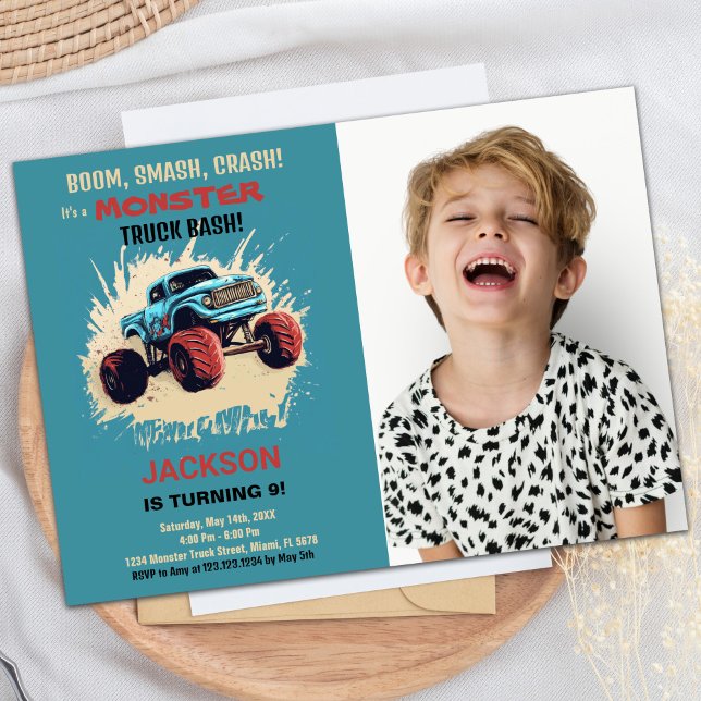 Monster Truck Birthday Einladungen Grün w Foto (Monster Truck Birthday Invitations Green w Photo)