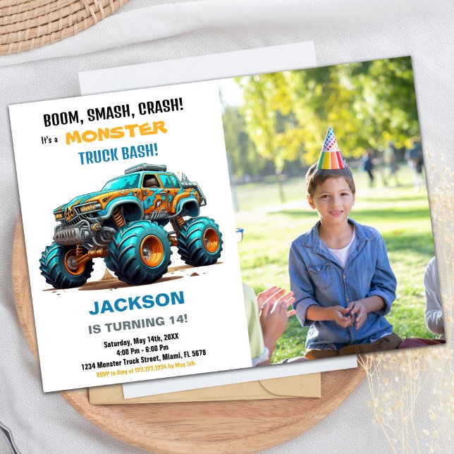 Monster Truck Birthday Einladungen Grünes Foto (onster Truck Birthday Invitations Green Photo)