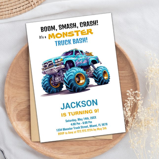 Monster Truck Birthday Einladungen Orange Blue (Monster Truck Birthday Invitations Orange Blue)