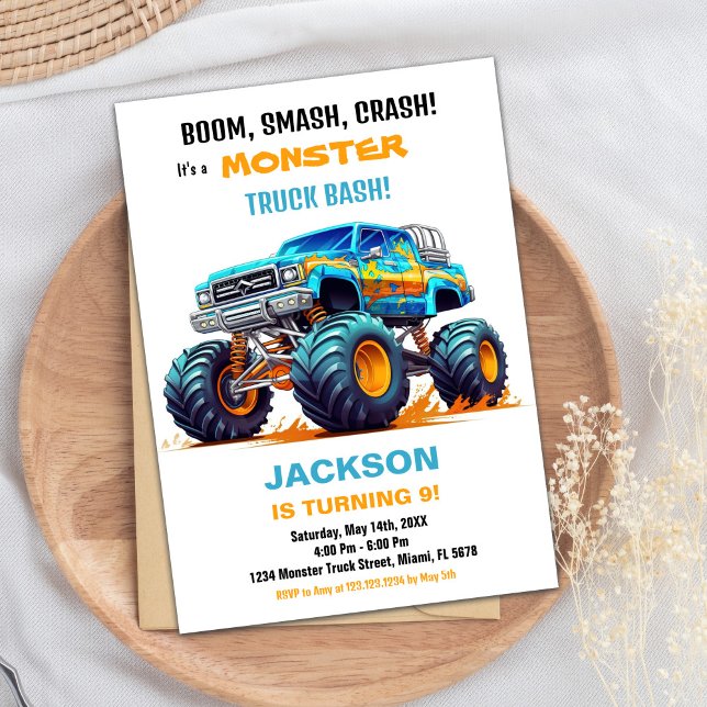 Monster Truck Birthday Einladungen Orange Blue (Monster Truck Birthday Invitations Orange Blue)