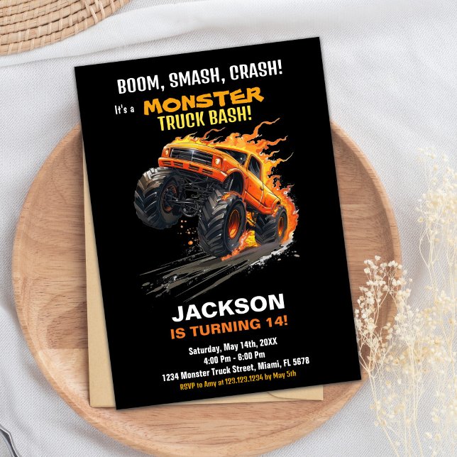 Monster Truck Birthday Einladungen Orange Feuer (Monster Truck Birthday Invitations Orange Fire)