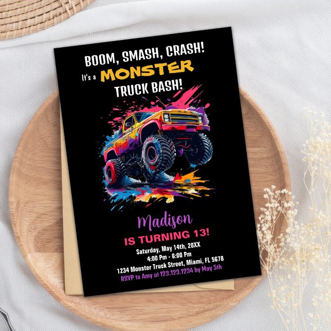 Monster Truck Birthday Einladungen Rosa Schwarz (Monster Truck Birthday Invitations Pink Black)