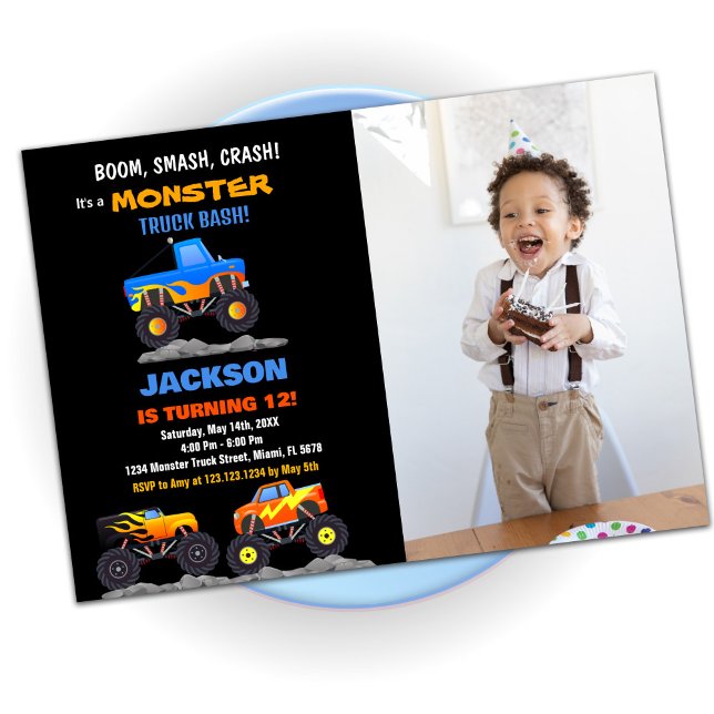 Monster Truck Birthday Einladungen Schwarzes Foto (Monster Truck Birthday Invitations Black Photo)