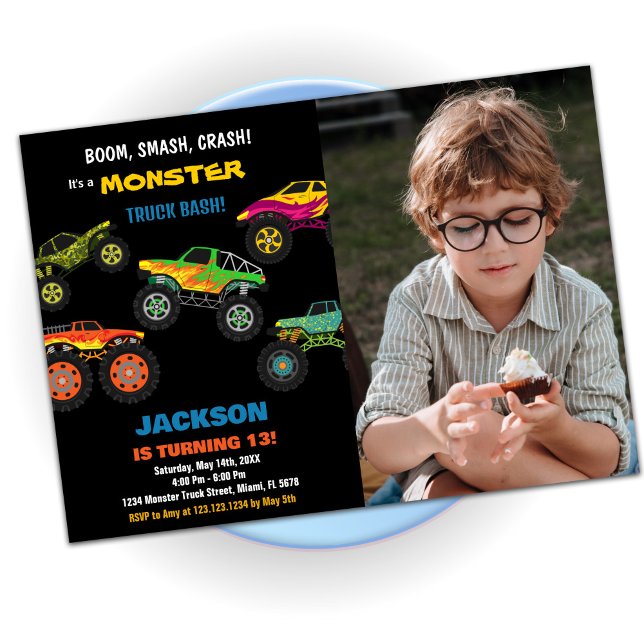 Monster Truck Birthday Einladungen Schwarzes Foto (Monster Truck Birthday Invitations Black Photo)