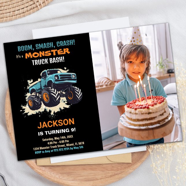 Monster Truck Birthday Einladungen Schwarzes Foto (Monster Truck Birthday Invitations Black w photo)