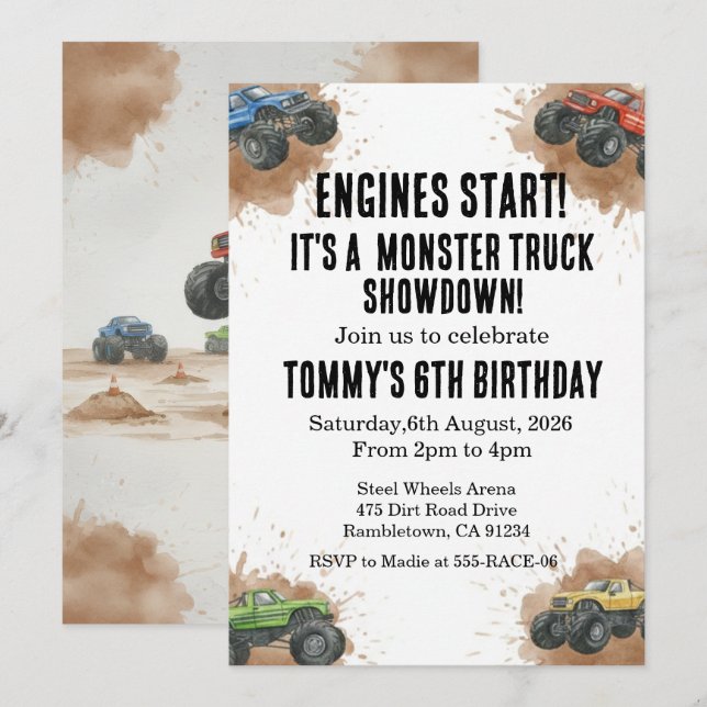Monster Truck Birthday Invitation Einladung (Vorne/Hinten)