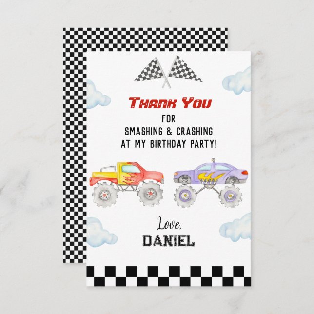 Monster Truck Birthday Party Danke Karten (Vorne/Hinten)