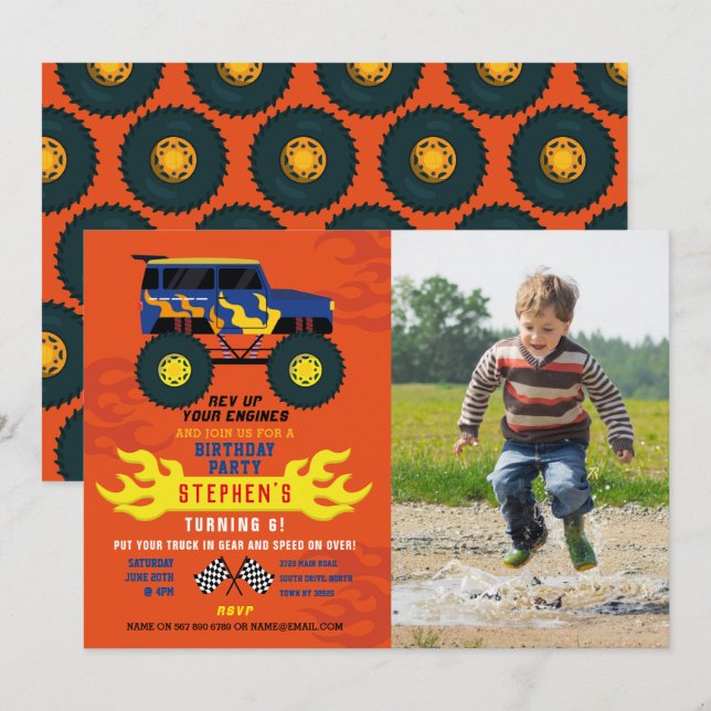 Monster Truck Birthday Party Flammen Big Foto Einladung (Vorne/Hinten)