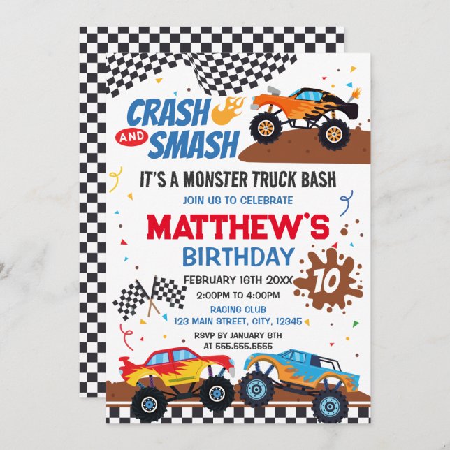 Monster Truck Birthday Party Invitation Einladung (Vorne/Hinten)