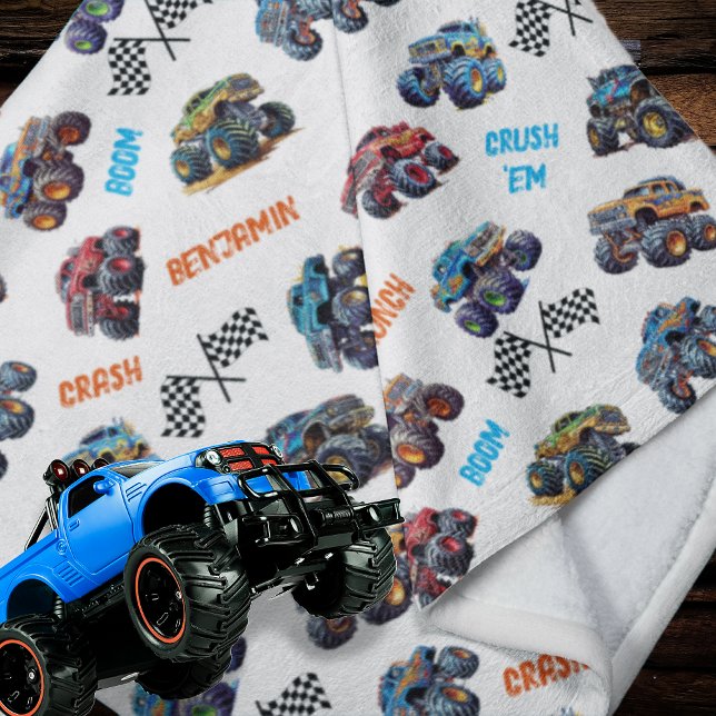 Monster Truck Boom Crunch Crash Crush Boy's Name Fleecedecke (Monster Truck Boom, Crunch, Crash, Crush 'Em Boy's Name Fleece Blanket)