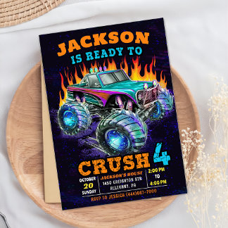 Monster Truck Boy 4. Geburtstag Party Einladung