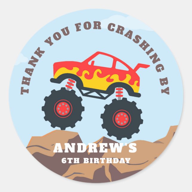 Monster Truck Boy Geburtstagsparty Runder Aufkleber (Vorderseite)