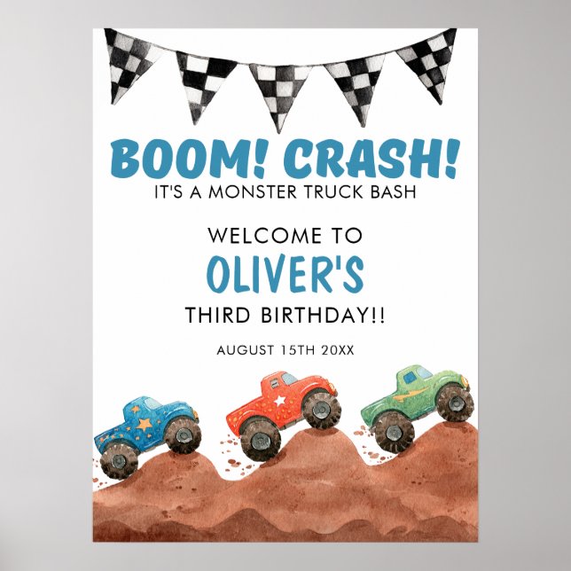 Monster Truck Colorful Cars Birthday Welcome Sign Poster (Vorne)