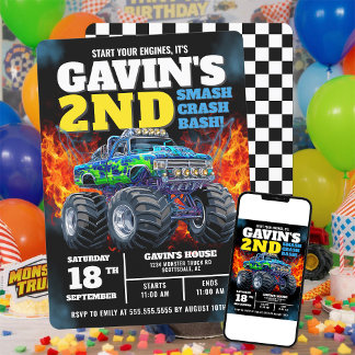 Monster Truck Cool Blue 2. Geburtstag Personalisie Einladung