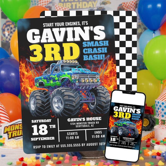 Monster Truck Cool Blue 3. Geburtstag Personalisie Einladung (Von Creator hochgeladen)