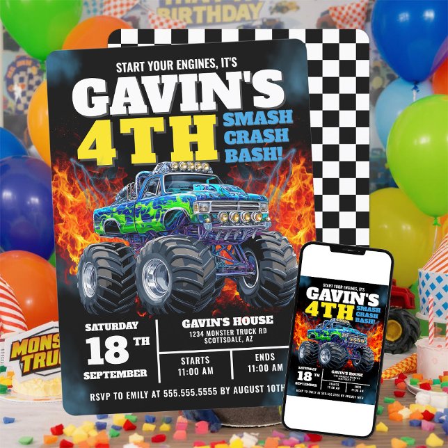 Monster Truck Cool Blue 4. Geburtstag Personalisie Einladung (Von Creator hochgeladen)