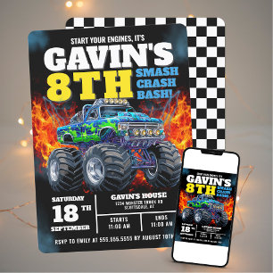 Monster Truck Cool Blue 8. Geburtstag Personalisie Einladung