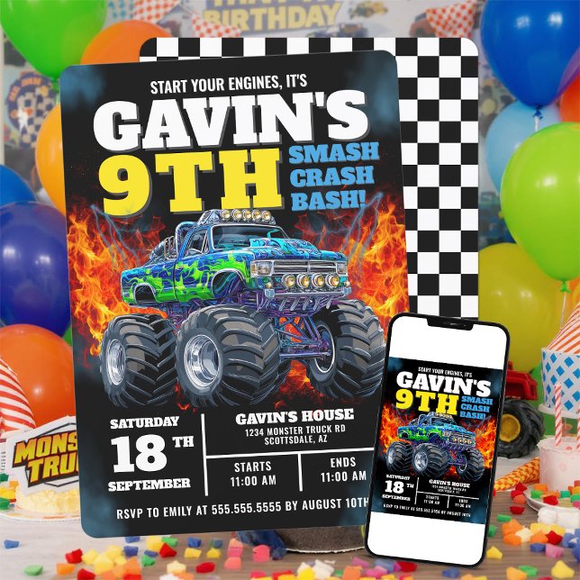 Monster Truck Cool Blue 9. Geburtstag Personalisie Einladung (Von Creator hochgeladen)