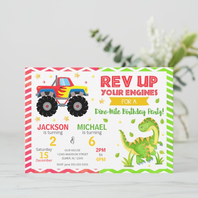 Monster Truck & Dinosaur Joint Birthday Invitation Einladung (Stehend Vorderseite)