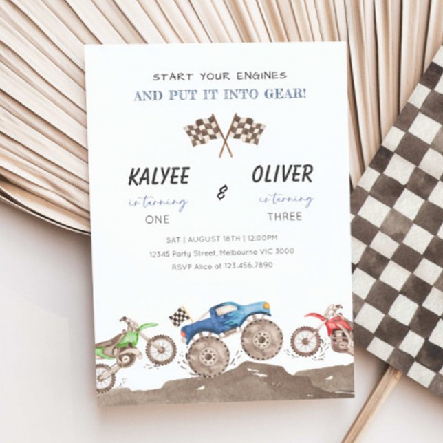 Monster Truck & Dirt Bike Joint Birthday Party Einladung (Von Creator hochgeladen)