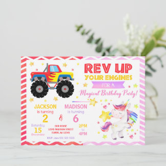 Monster Truck & Einhorn Gemeinsame Geburtstagseinl Einladung