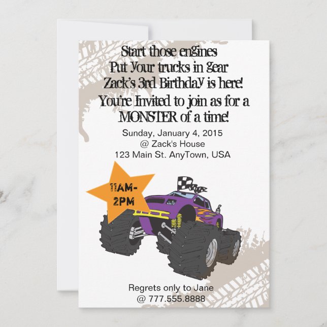 Monster Truck Einladung zum Geburtstag (Vorderseite)