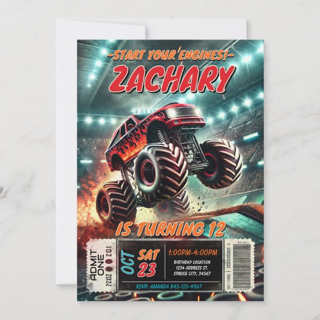 Monster Truck Einladung zum Geburtstag (Vorderseite)