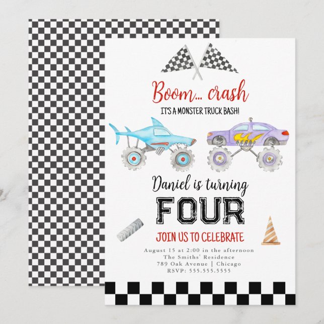 Monster Truck Einladung zum Geburtstag (Vorne/Hinten)